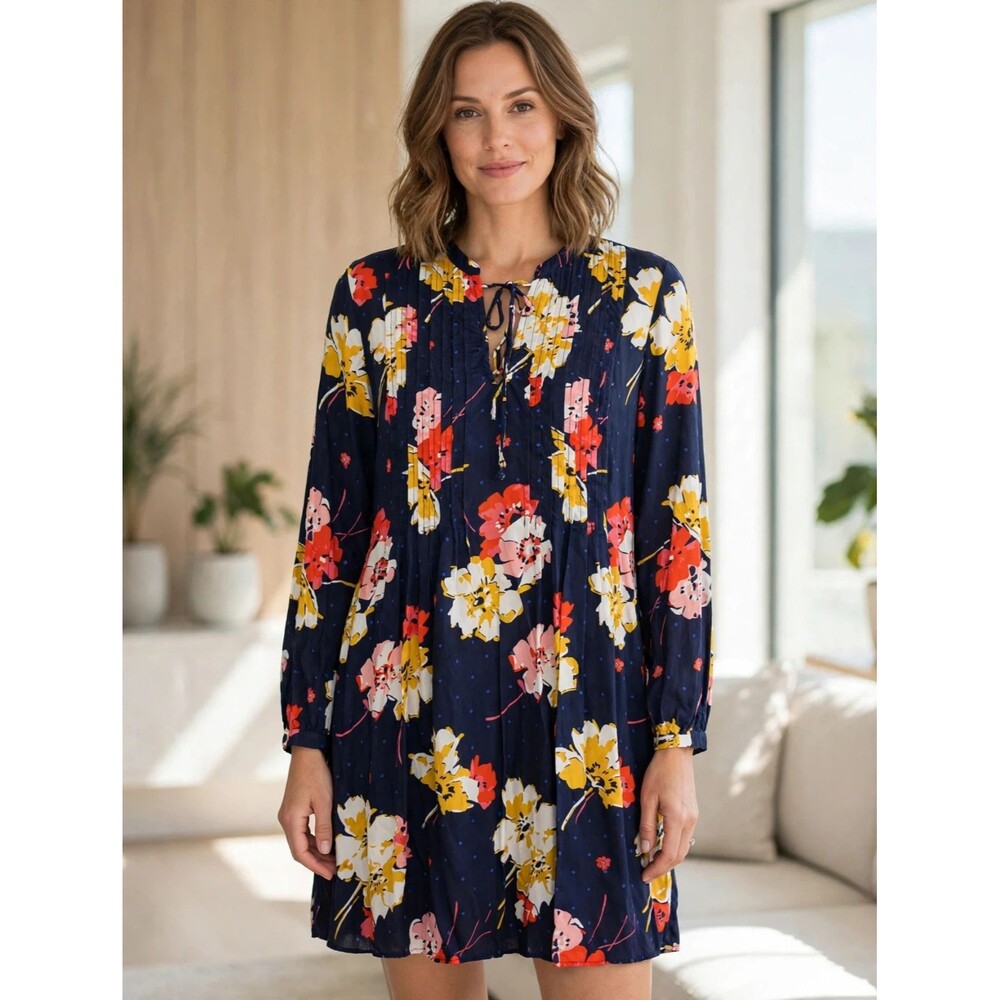 Old Navy Navy Floral Tie Front Dress Womens M Long Sleeve Peasant Boho Classic
